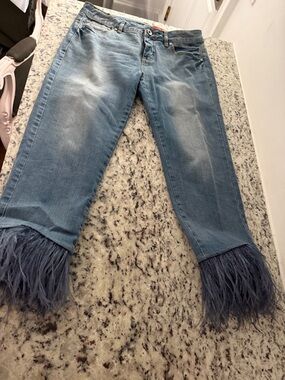 Christina Light Blue Denim Jeans with ostrich Feathered Trim